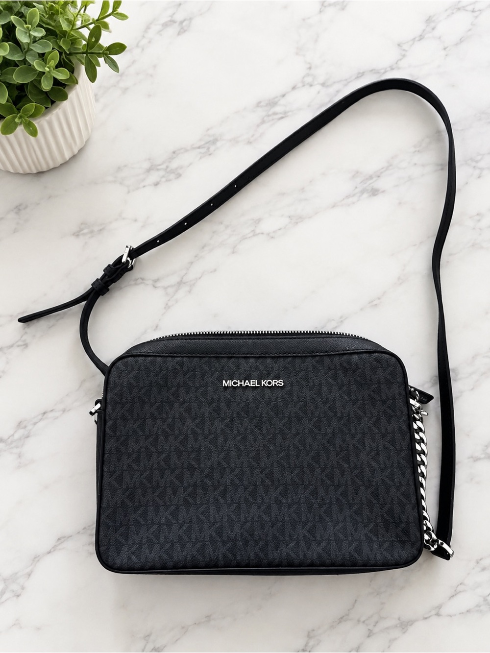 Michael Kors Black Signature Crossbody with Silver Chain Accent